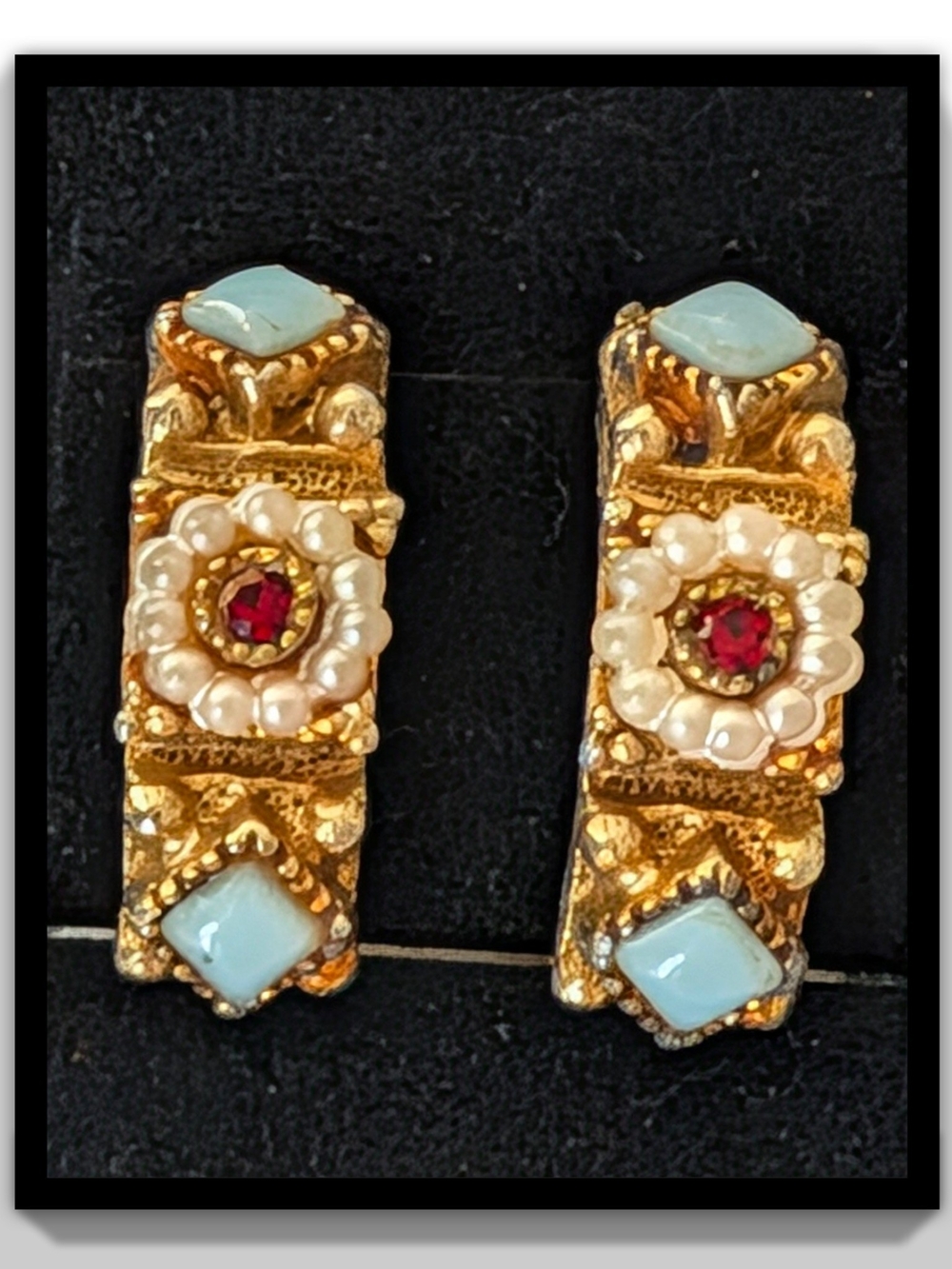 Vintage Victorian Revival Gold Tone Pearl Red Crystal & Stone Clip On Earrings